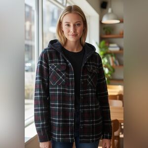 LL Bean Fleeced Lined Jacket Plaid Hooded Button Shacket Small Petite